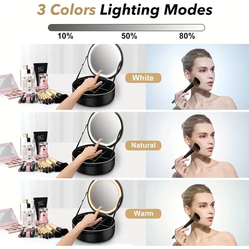 Trousse à cosmétiques de voyage avec miroir de maquillage LED réglable et séparateurs, idée cadeau de Saint-Valentin pour elle