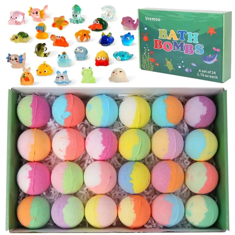 Boîte cadeau de boules de bain effervescentes avec jouet 50g*24 pièces – Contient
