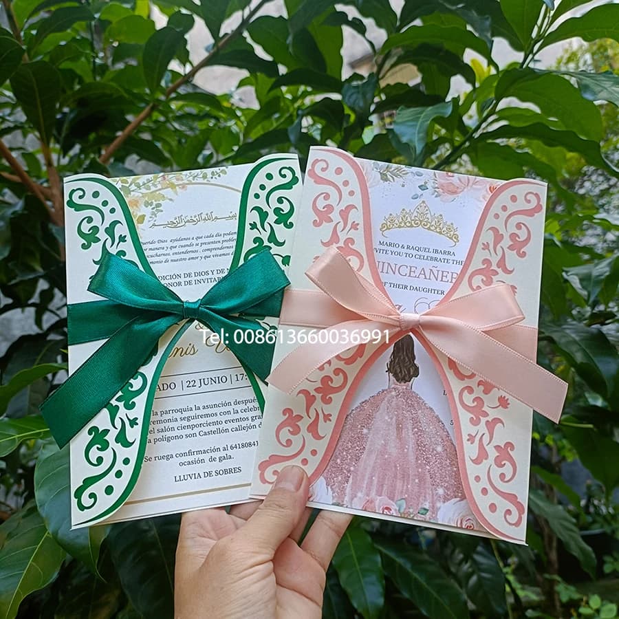 Carte d'invitation de mariage personnalisée avec ruban, motif floral mexicain, cadeaux pour invités, 50 pièces