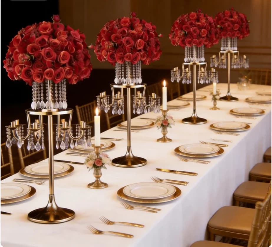 Lot de 4 chandeliers en métal doré à 8 bras - Porte-bougie en cristal