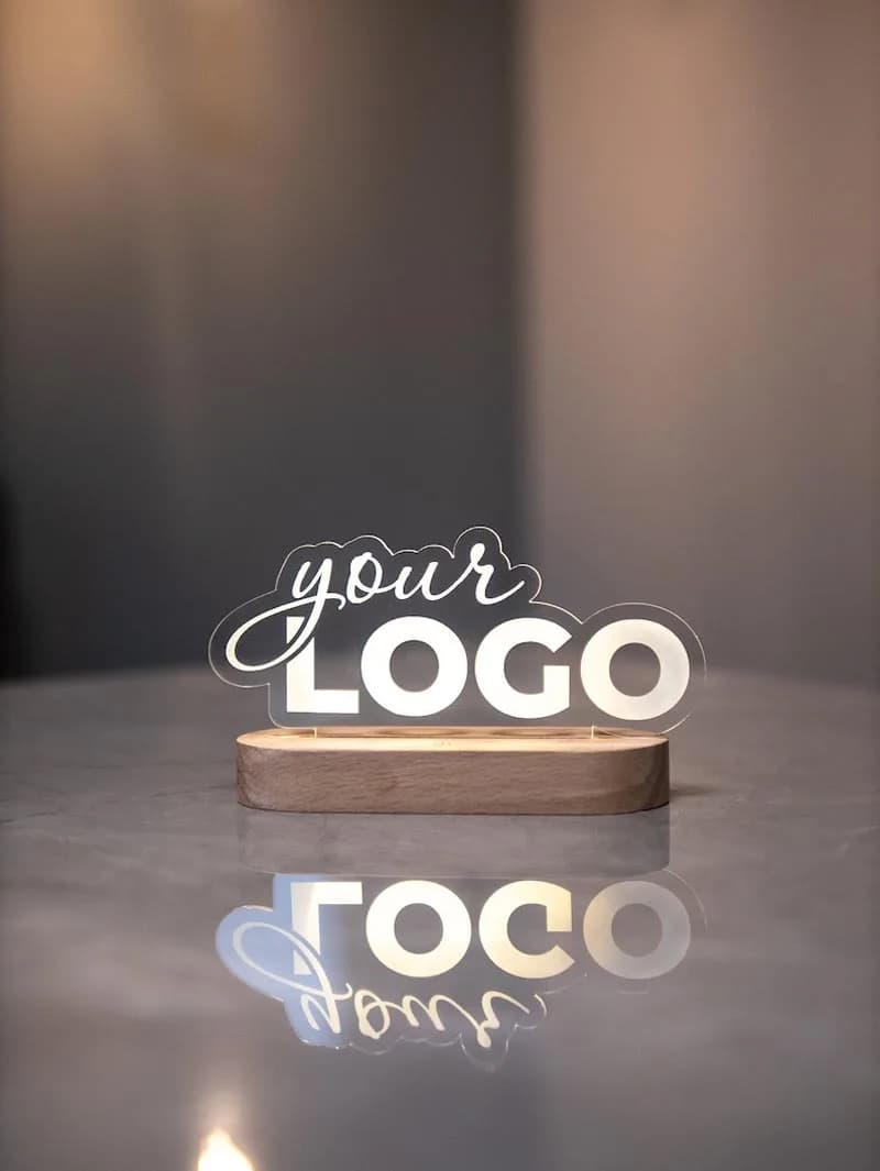 Panneau de Logo d'affaires en acrylique personnalisé, Plaque QR de marque personnalisée, lampe lumineuse, cadeaux d'entreprise, décor de Table pour médias sociaux en bois