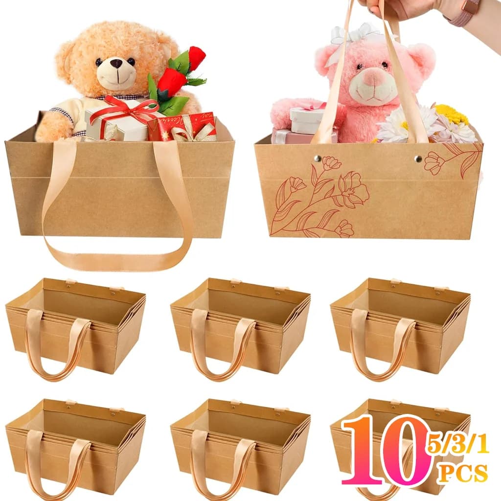 Panier cadeau vide en kraft avec poignée, panier d'emballage cadeau DIY pour Noël, mariage, fête de remise de diplôme, Saint-Valentin, Thanksgiving