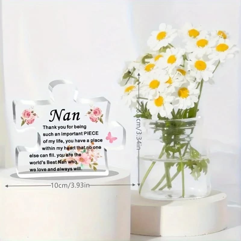 Cadeau Heartfelt Nan – Pièce de puzzle en acrylique avec motif floral