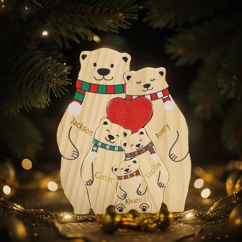 Nom personnalisé cadeau d'anniversaire de mère noms de famille Sculpture Puzzle en bois ours famille coeur Puzzles décoration de la maison