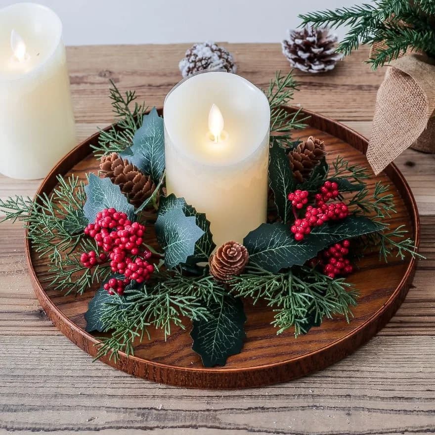 Couronne de fête de Noël, décoration du cuir chevelu ci-après, décor de table à la maison, feuille artificielle, anneau de bougie, guirxiété ci-après