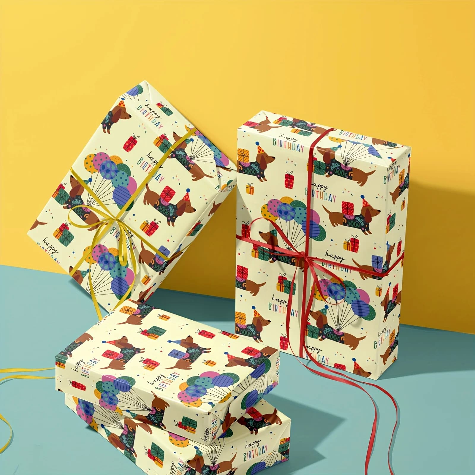 1 rouleau de papier cadeau coloré pour anniversaire, motif Teckel | Rouleau de 43 cm x 300 cm pour fêtes d'anniversaire, événements sur le thème des animaux et anniversaires d'enfants