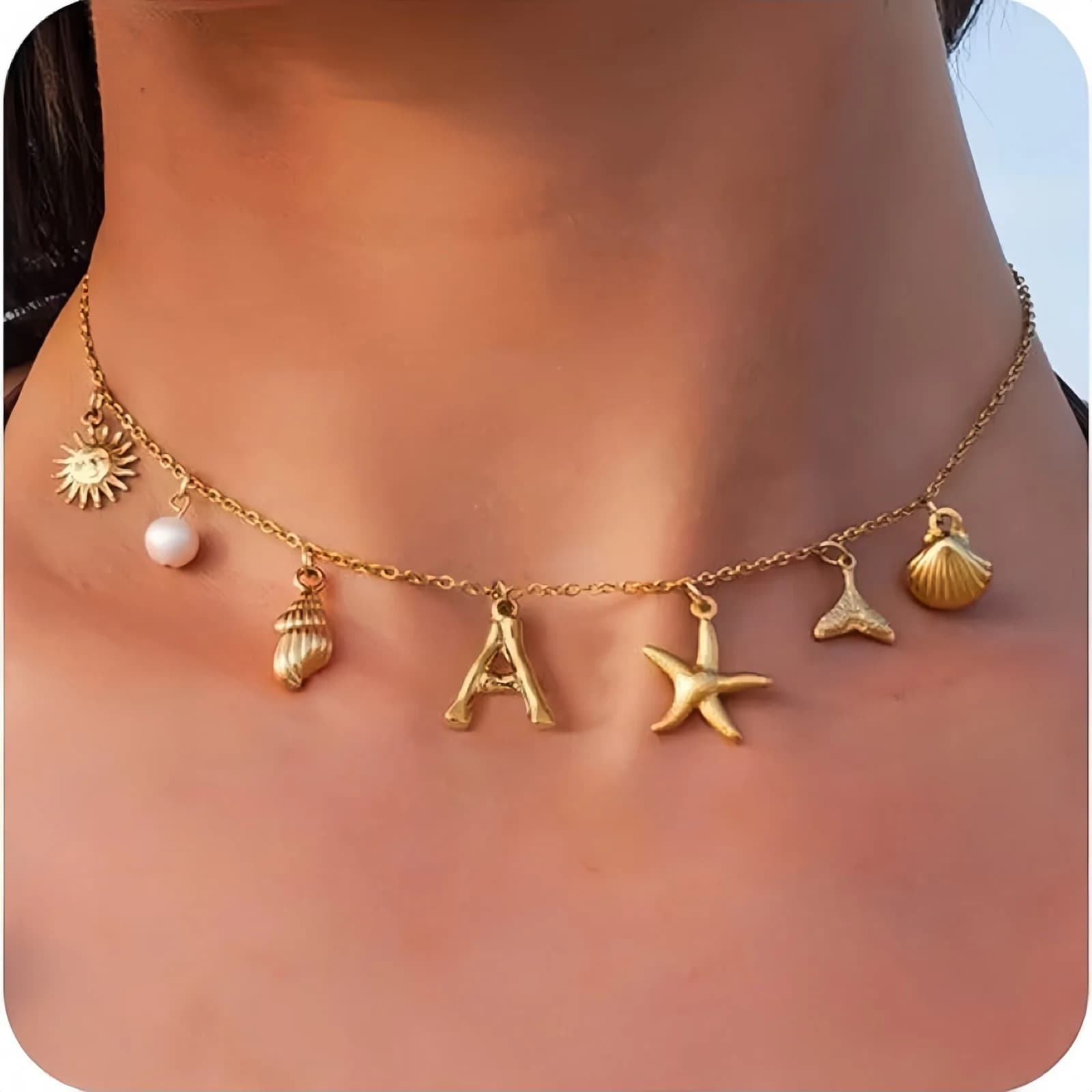 MHS.SUN – collier avec initiale en coquillage d'étoile de mer, étanche, plaqué or 18 carats, en acier inoxydable, avec breloques, surfeur, cadeau de plage d'été pour fille