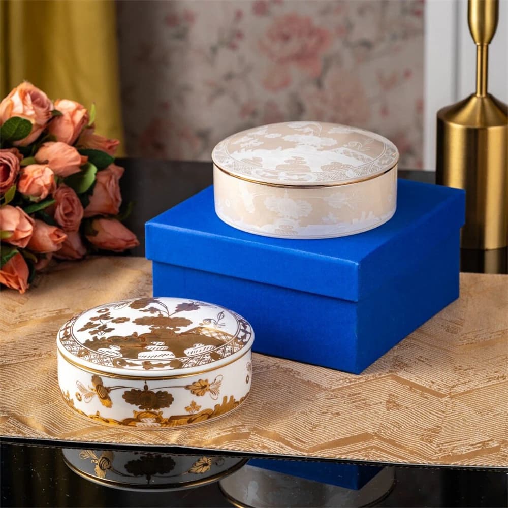 Boîte de rangement en céramique dorée beige pour bijoux, 13 cm, avec couvercle imprimé, cadeau de vacances avec boîte cadeau