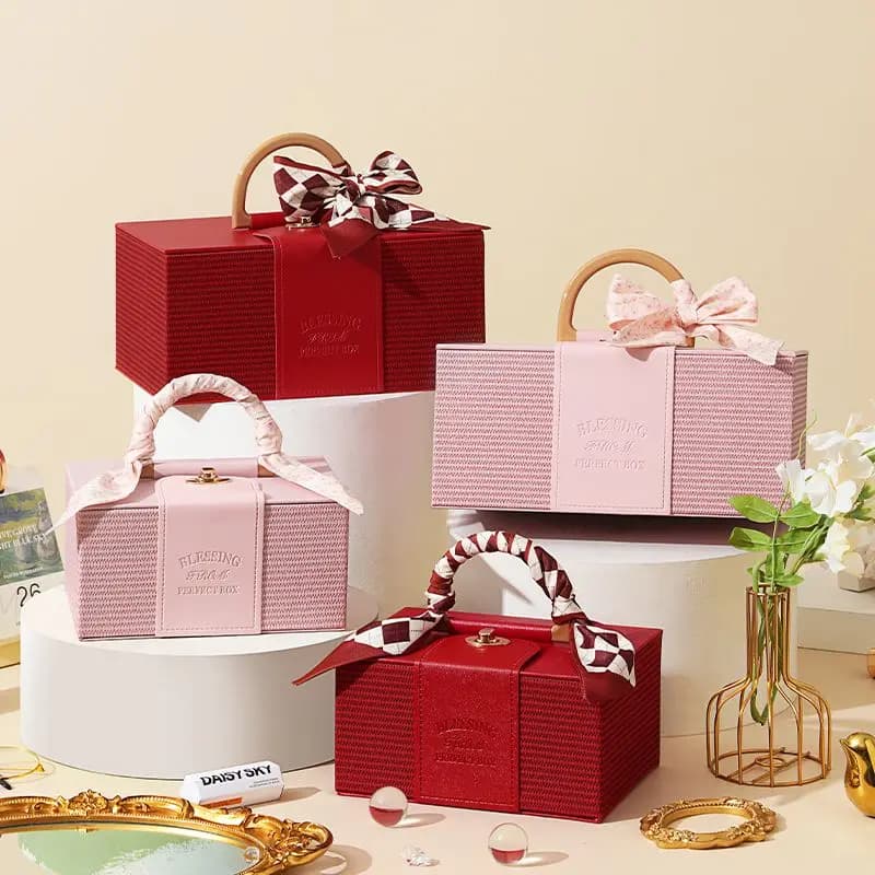 Boîte-cadeau portative en cuir de luxe léger avec RAFFIA boîtes-cadeaux portables de mariage avancé boîte de maquillage