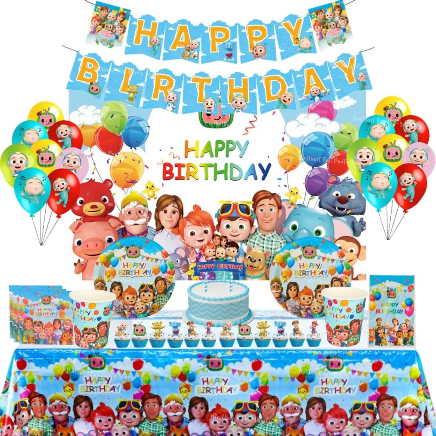 Kit de décoration d'anniversaire Cocomelon pour enfants - Ballons, assiettes, nappe, bannière, fournitures de fête pour bébés garçons et filles