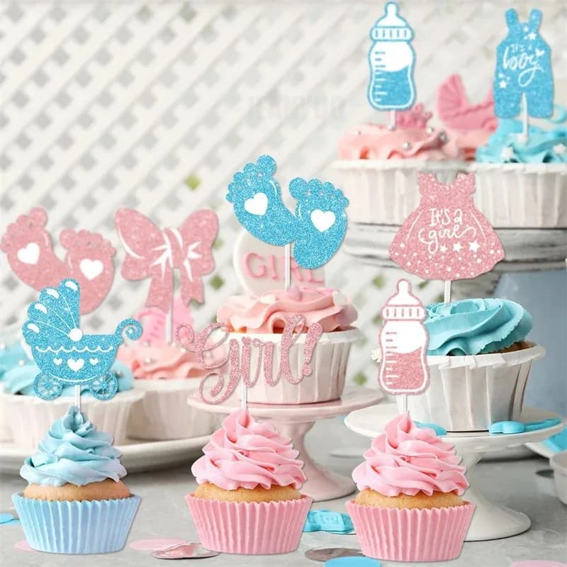 Décorations de Cupcake pour garçon ou fille, 12/24 pièces, choix de gâteaux à Dessert pour révélation du sexe, fournitures de décoration de fête, rose bleu, cadeaux de réception-cadeau pour bébé