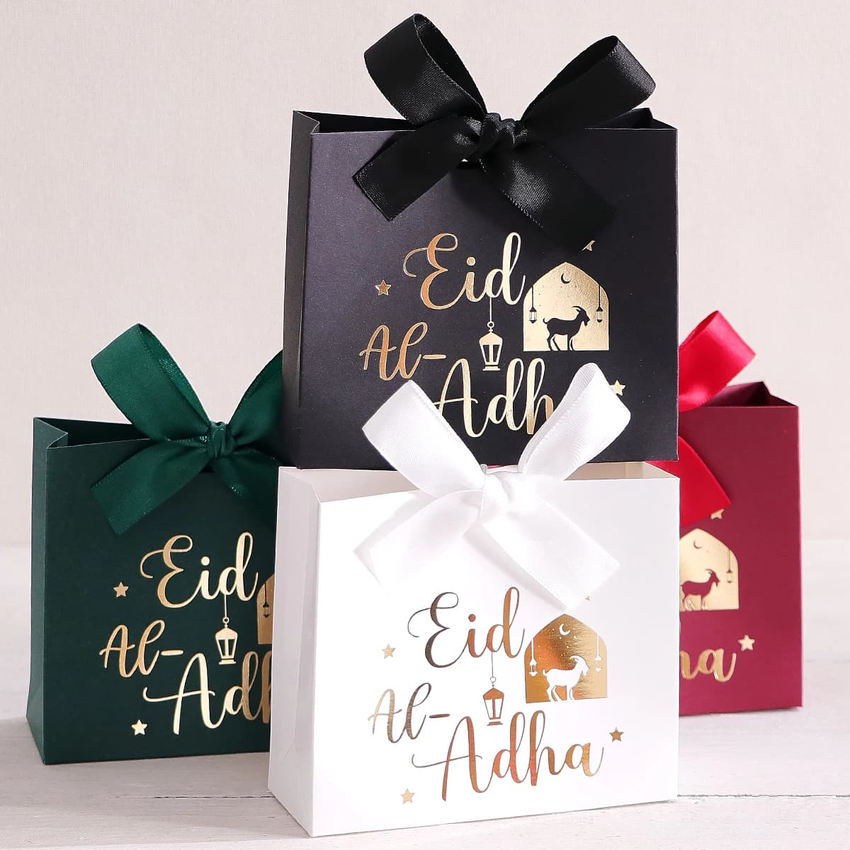 5 coffrets cadeaux Eid Al-Adha, beau motif de texte de mouton et de calligraphie, couleurs pastel, poignées en ruban, parfaits pour Eid Al-Adha Pa