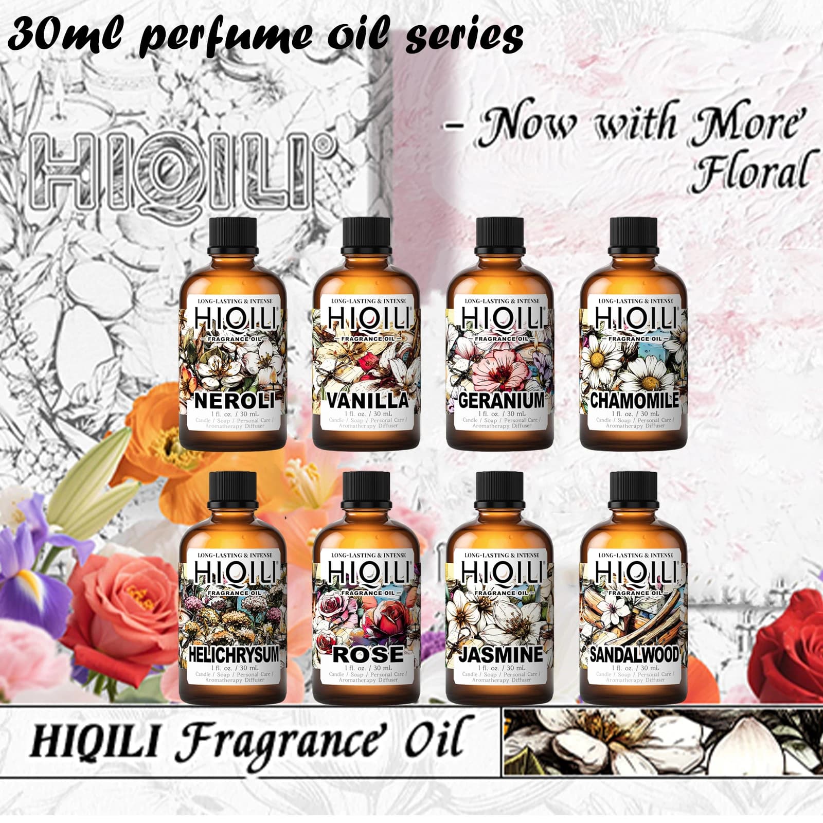 HIQILI Nouvelle série d'huiles parfumées 30 ml, Vanille/Lavande/Rose/Sandale, Huile parfumée 100% naturelle, Pour usage domestique, Humidificateur