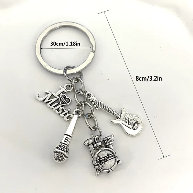 1 pièce de porte-clés en alliage de musique classique, accessoire de décoration de bijoux avec tambour et microphone de guitare