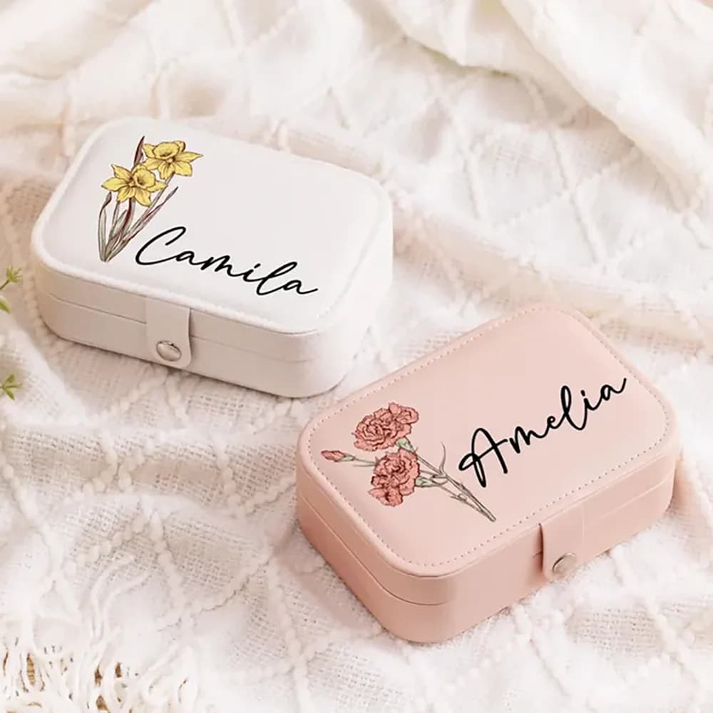 Boîte à bijoux de voyage personnalisée, cadeau de fleur de naissance, organisateur de bijoux, étui à bijoux, cadeaux de demoiselle d'honneur de mariage, réception nuptiale, anniversaire