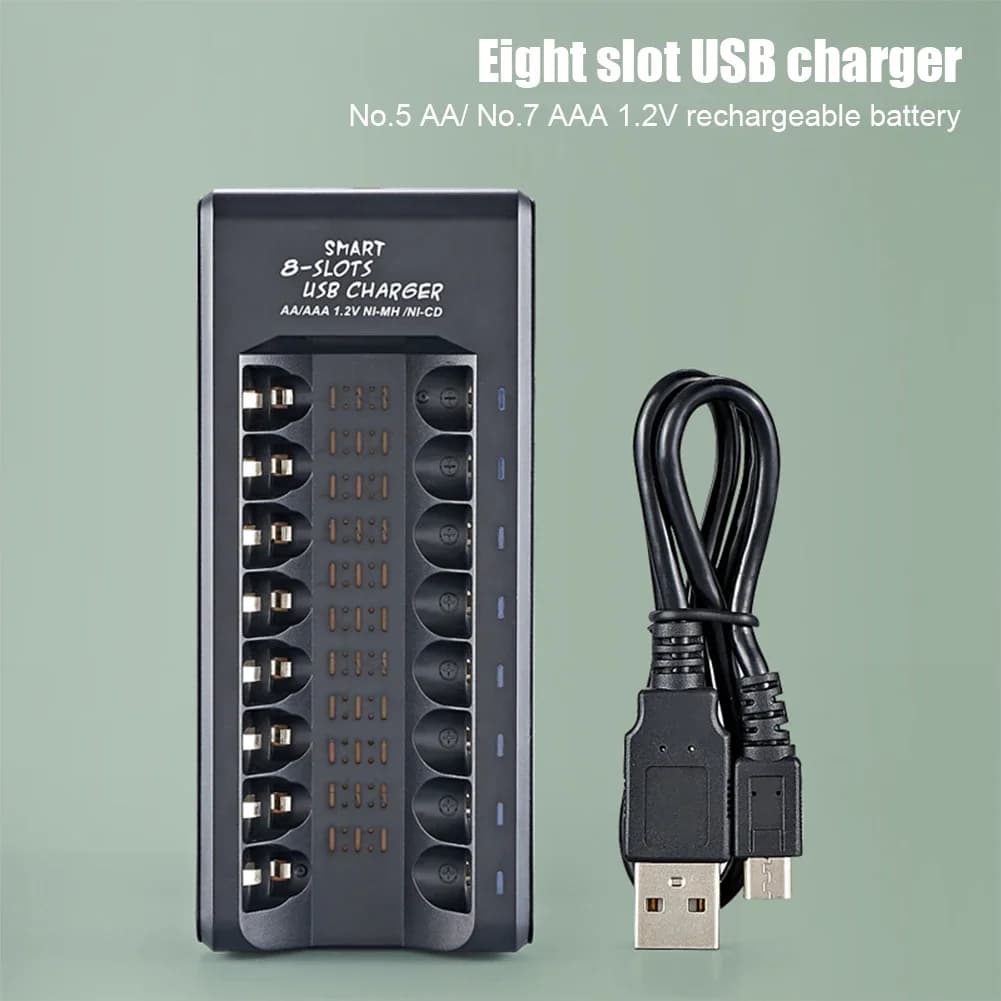 Chargeur de batterie Rechargeable, sortie USB, 8 emplacements, charge rapide, Protection contre les courts-circuits, pour piles NiMH AAA/AA 1.2V