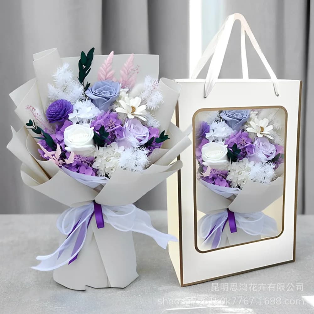 Coffret cadeau romantique en bouquet de roses et d'hortensia conservés – Fleurs éternelles durables faites à la main pour la Saint-Valentin, l'anniversaire, les femmes