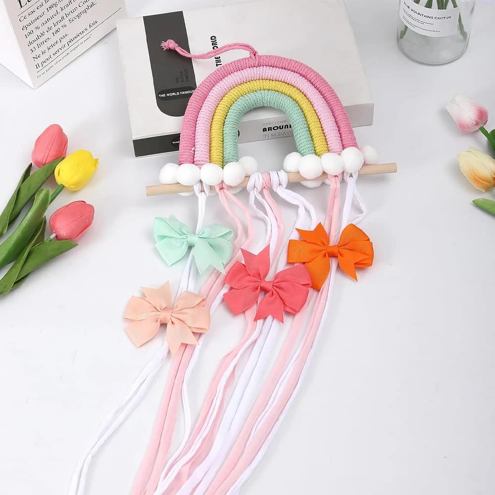 Support de rangement suspendu pour accessoires de cheveux, décoration murale, ceinture de rangement pour nœuds de cheveux, support d'accessoires pour épingle à cheveux pour bébé arc-en-ciel tressé