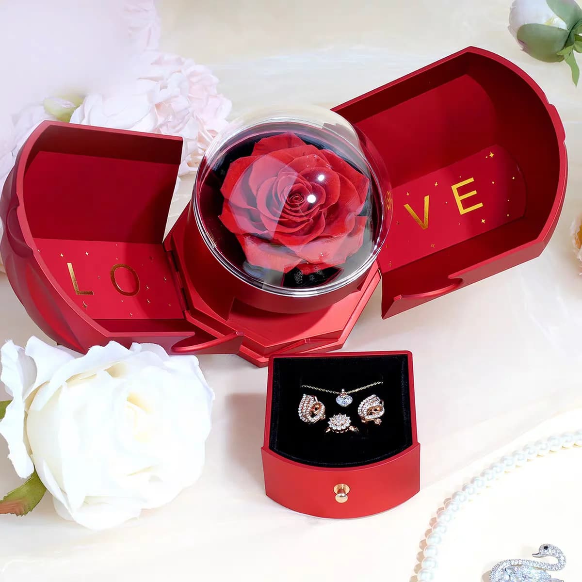 Boîte à bijoux à fleurs surprise - Unboxing mystérieux avec fleurs séchées en or rose et tiroir d'amour caché - Cadeau d'anniversaire de luxe pour H