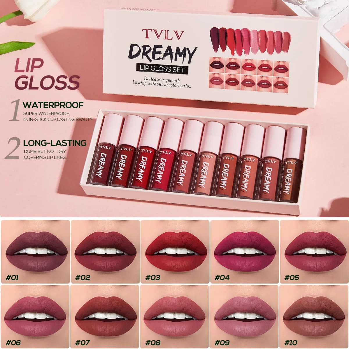 Ensemble de 10 rouges à lèvres de rêve, finition satinée mate, imperméable et résistant à la transpiration, coffret cadeau de gloss à lèvres