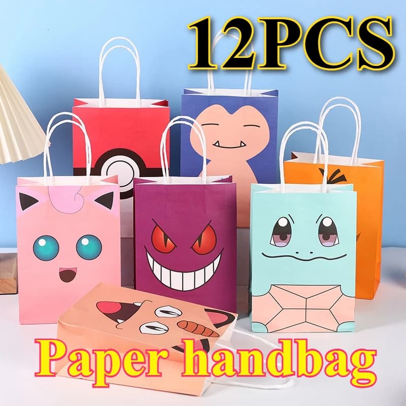 12 pièces Pokemon série dessins animés emballés sac cadeau papier Kraft enveloppé bonbons sac à main enfants anniversaire animal de compagnie fête papier sac à main