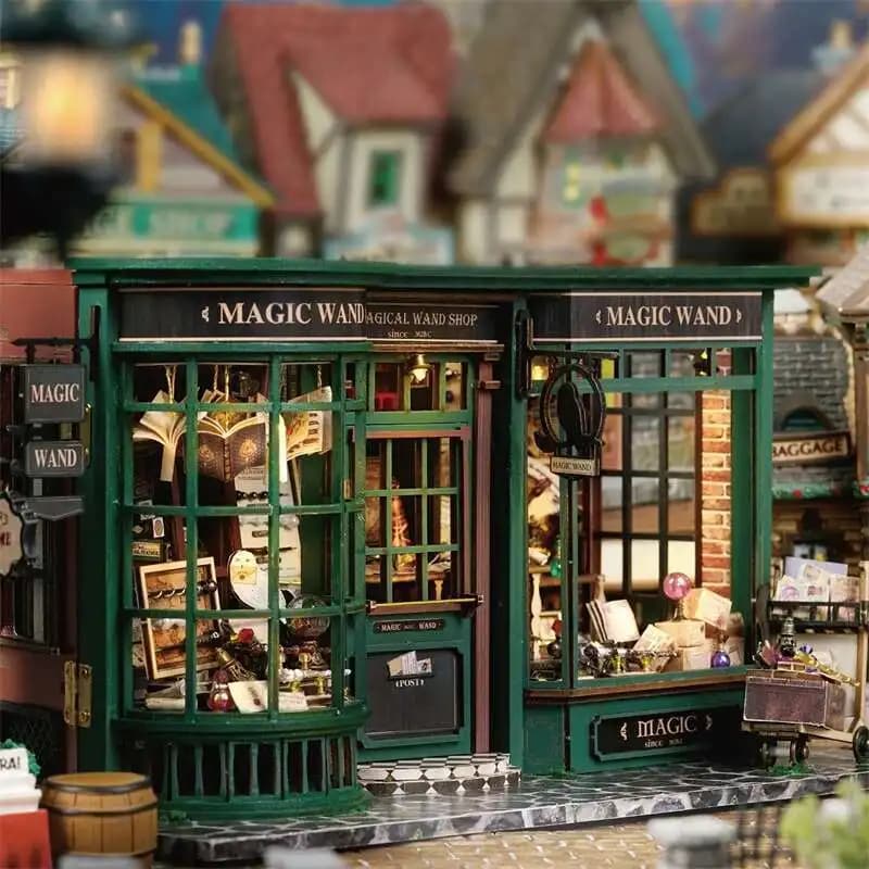 Magasin de baguettes magiques rétro, figurines de maison en bois à faire soi-même, kits miniatures, étagère, décoration de bureau à domicile, artisanat pour adultes, cadeaux faits à la main