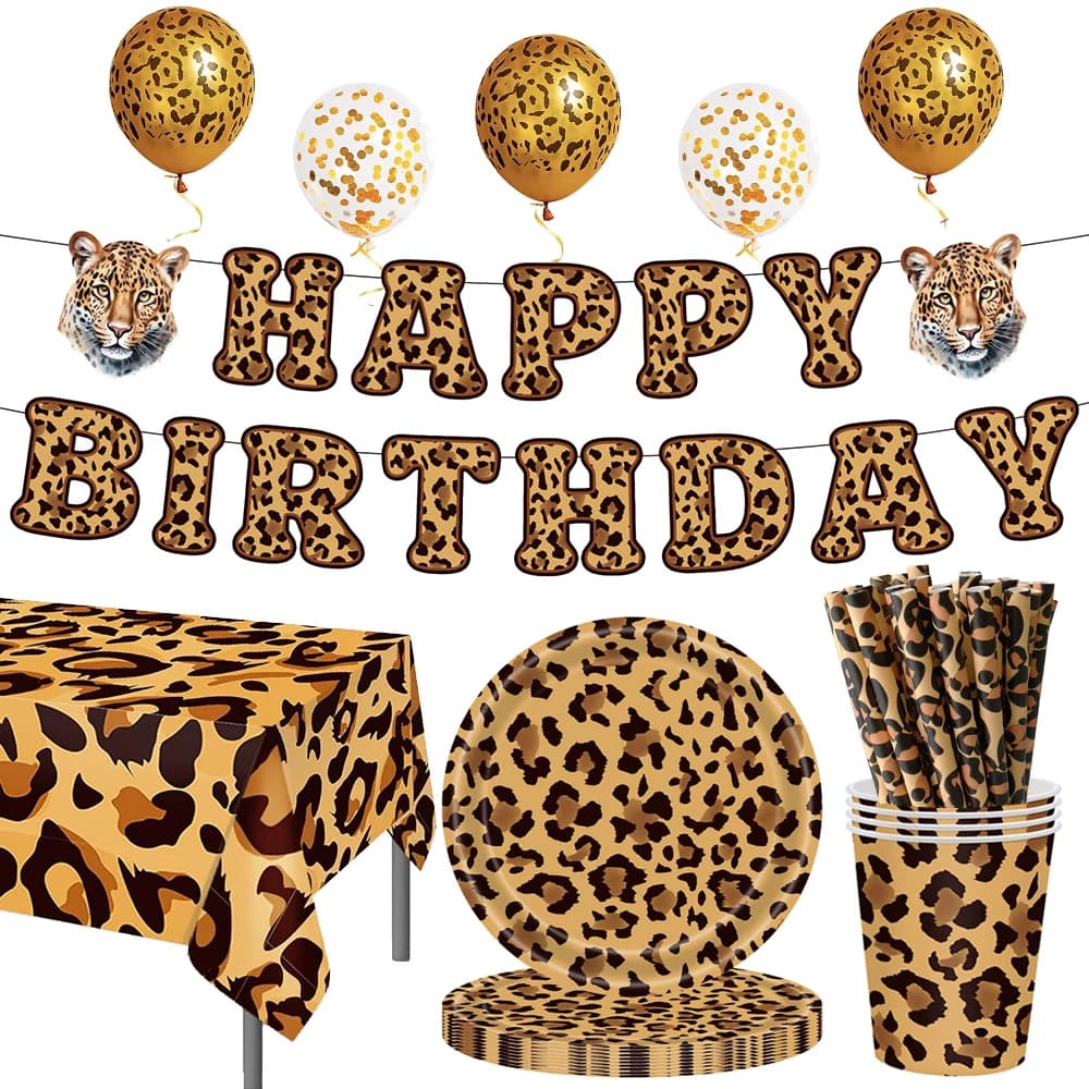 Décoration d'anniversaire léopard imprimé joyeux anniversaire, assiettes, ballons, nappe, thème guépard, fournitures de fête d'anniversaire