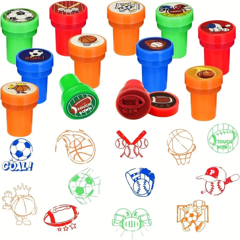 Timbres sur le thème du sport pour garçons et filles, fournitures de fête d'anniversaire, Football, basket-ball, Baseball, récompenses en classe, 12 pièces