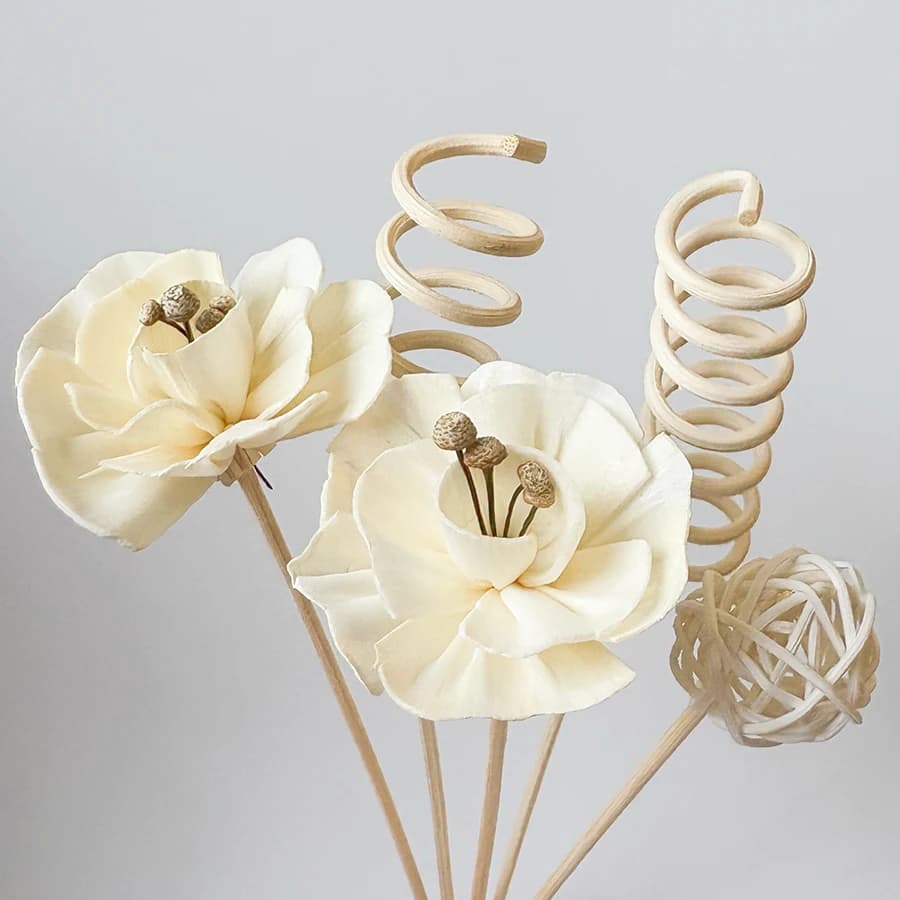 Ensemble de 6 bâtons de diffuseur en rotin, bâtons de diffusion de parfum, comprend 2 fleurs faites à la main + 2 bâtons de rotin incurvés + 1 rotin B