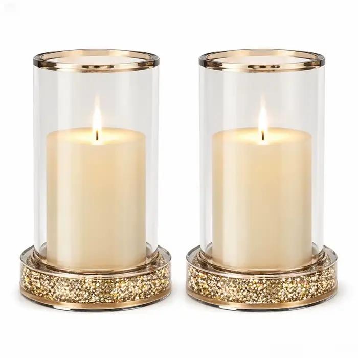 1/2 pièces Porte-bougie cylindrique en verre transparent avec base scintillante, doré et argenté, pour décoration de table de mariage
