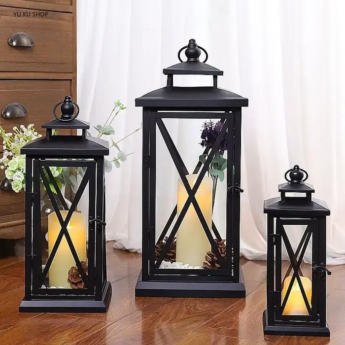 Bougeoirs en verre de lanterne coupe-vent, grands bougeoirs en métal, design moderne de mariage noir, marocain ci-après, décoration d'intérieur