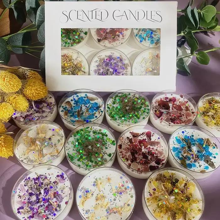 Coffret cadeau de bougies à fleurs scintillantes de 6 pièces – Décor floral conservé et scintillant