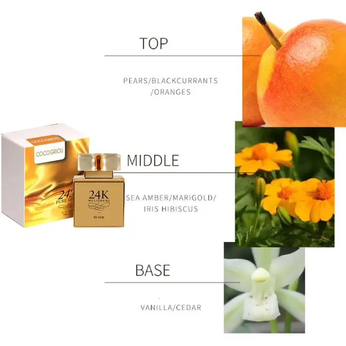 Eau de parfum féminine 24K Pure Gold, fragrance florale sucrée, longue tenue, eau de parfum fruitée, eau de parfum aux fleurs d'orange, bouteille dorée élégante pour femmes occasions spéciales