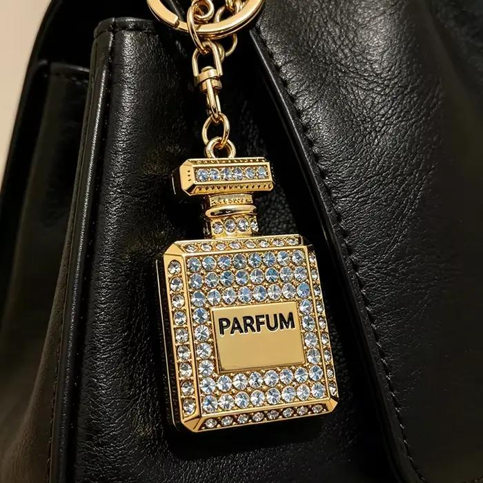  Porte-clés en forme de flacon de parfum de style coréen - Métal doré avec diamants roses, dorés et blancs - Pour clés et sacs, accessoire cadeau idéal