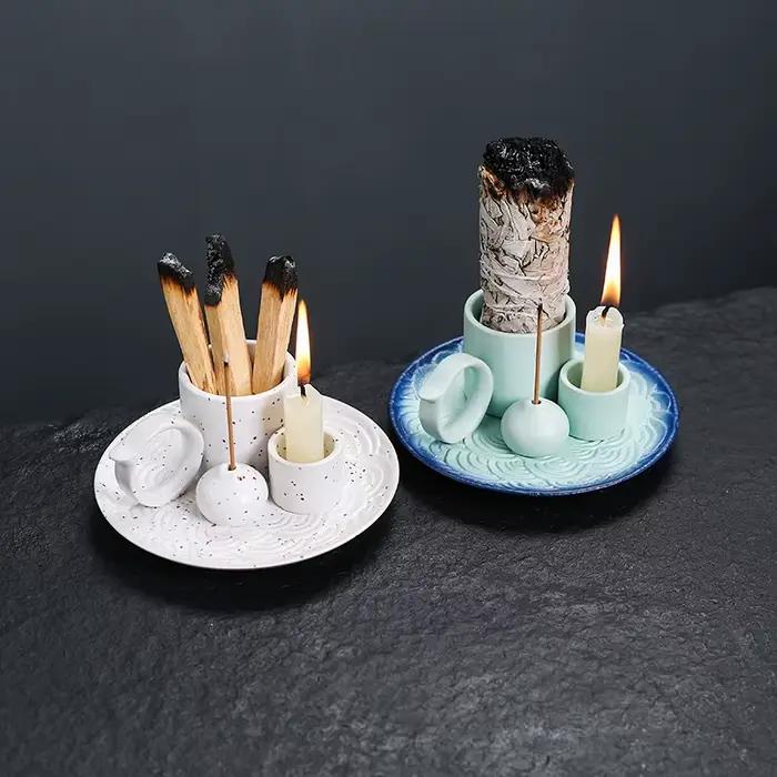 Brûleur d'encens 4 en 1 multifonctionnel support Palo Santo sauge bâton bougeoir céramique pour salon méditation ambiance apaisante et relaxante