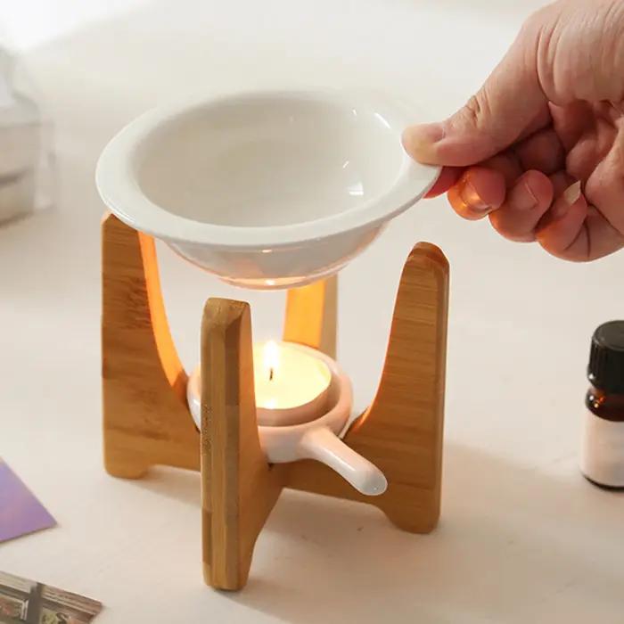 Bougeoir en céramique brûleur d'huile essentielle diffuseur four plus chaud bougie chauffe-plat lampe à Base en bois porcelaine décor de salon