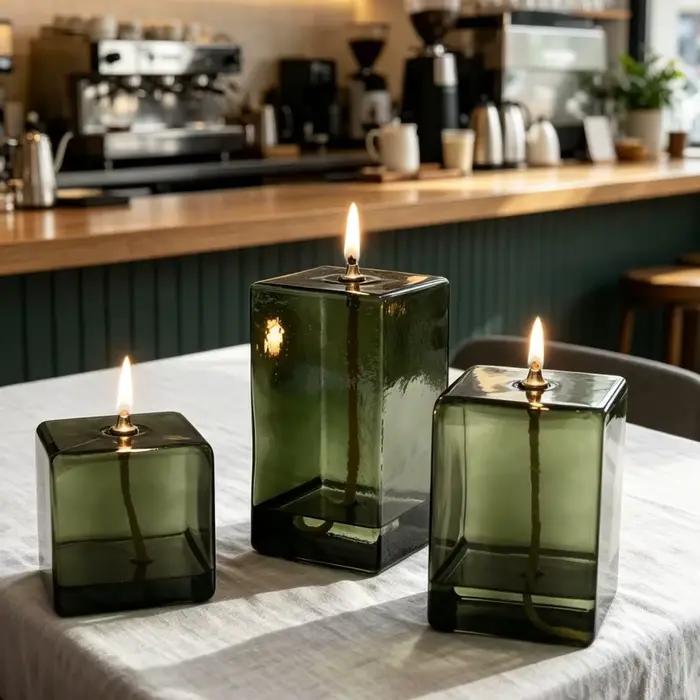Porte-bougie en verre européen, lampe à huile créative sans fumée, couleur verte, porte-bougie carré, décoration de bureau à domicile, cadeau