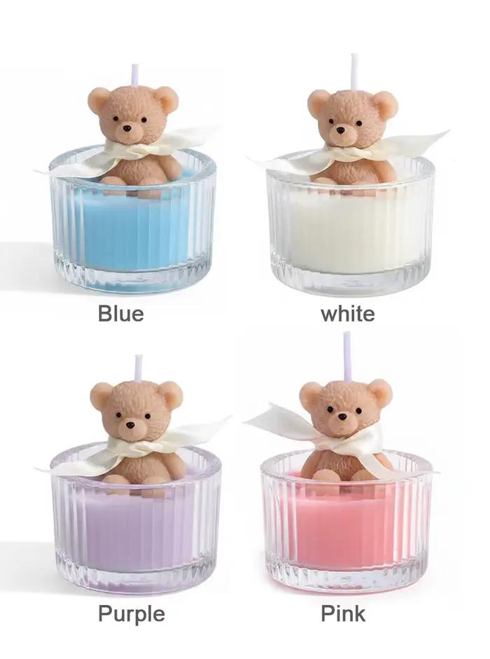 Bougie de soja en forme d'ours en peluche de luxe parfumée dans un pot en verre avec ruban