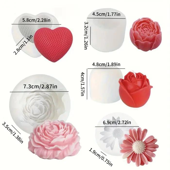 Ensemble de 5 moules à bougies florales individuelles rose marguerite pivoine design cœur silicone gel pour artisanat et bricolage occasions spéciales