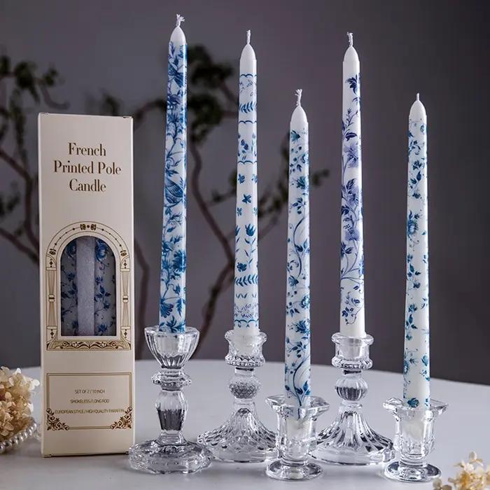 Bougies parfumées coniques bleues et blanches pour décoration d'intérieur dîner aux chandelles mariage anniversaire