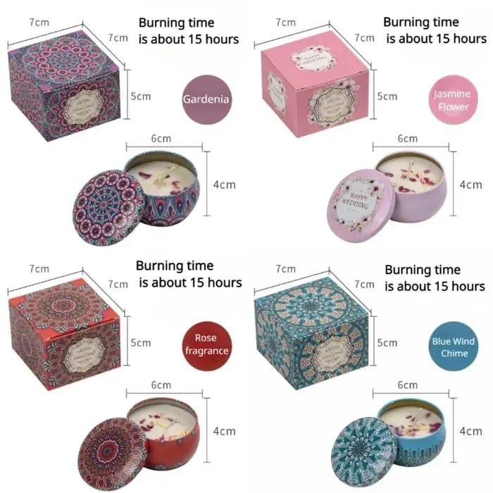 Lot de 4 bougies parfumées à la rose en cire de soja pour la maison et les mariages cadeau d'anniversaire décoration avec boîte métallique élégante sans fumée
