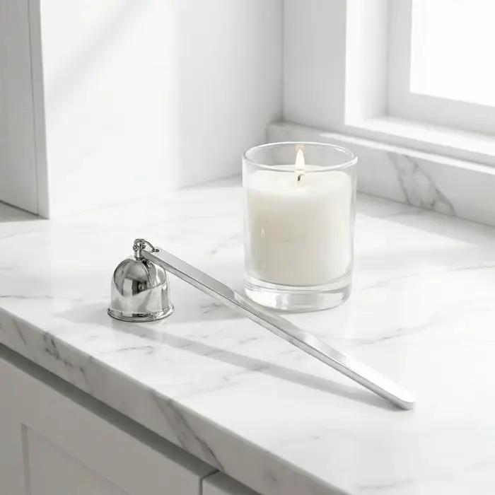 Éteignoir à bougie en acier inoxydable avec manche long antidérapant et forme cloche pour intérieur moderne et design rétro occasions spéciales