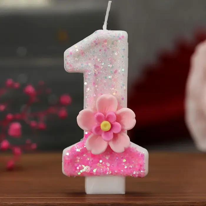 Décoration de fête, bougie en forme de chiffre, thème fleur rose pailletée pour fête d'enfants