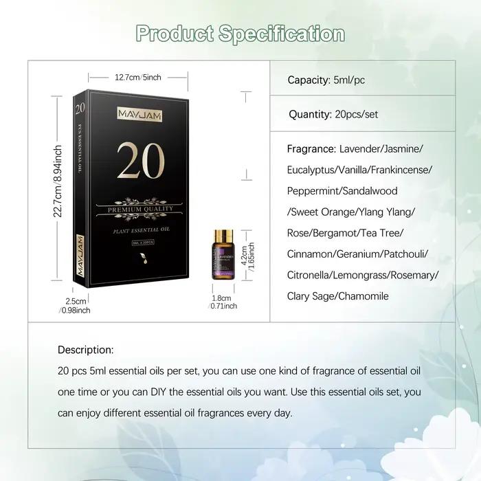 20 pièces Kits boîte-cadeau huile essentielle pour diffuseur pur naturel extrait de plante encens vanille citron menthe jasmin huile d'arbre à thé
