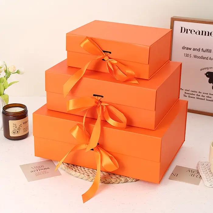 Boîtes cadeaux pliables magnétiques à couvercle rabattable, ruban satiné, plusieurs couleurs, pour mariage, anniversaire, fêtes, emballage élégant