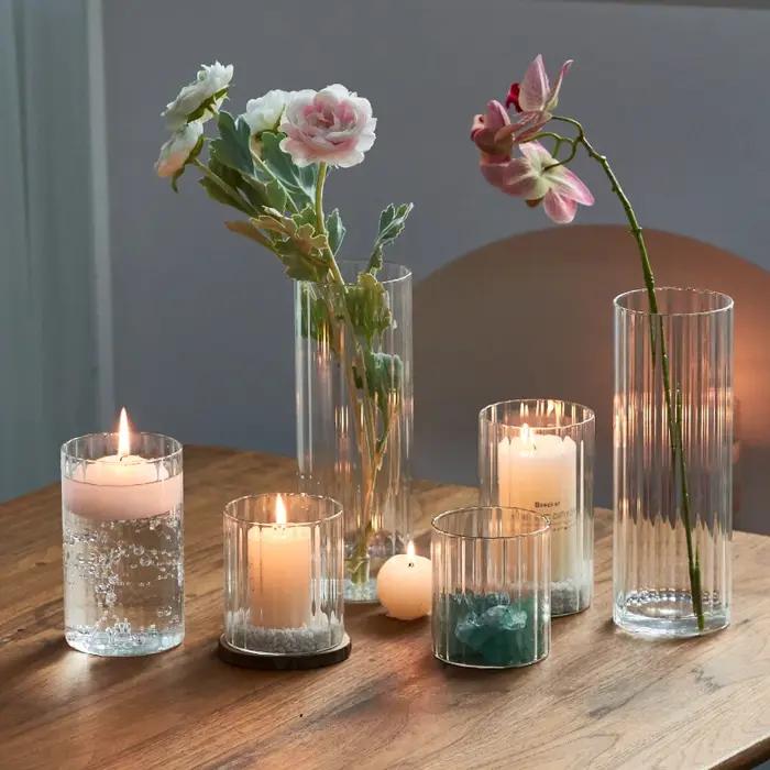 Bougeoir en verre cylindrique nervuré pour mariage et décoration élégante style européen avec grande bougie chauffe-plat