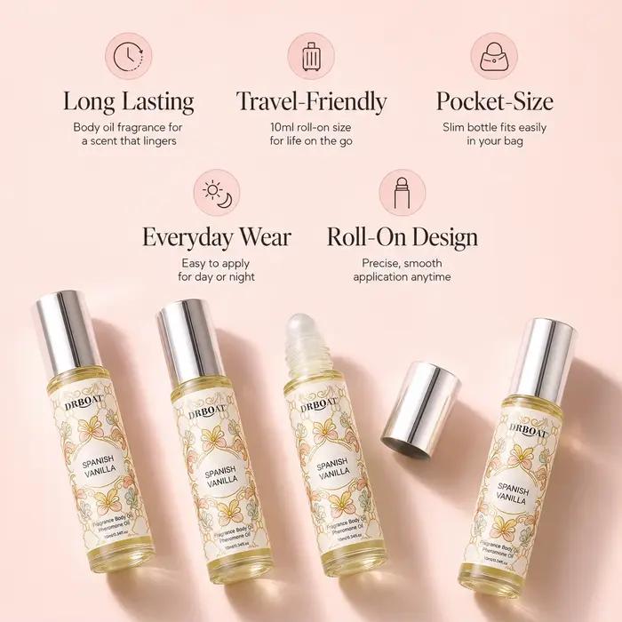 Huile de parfum corporelle roll-on à la vanille 10 ml, huile corporelle portable au parfum de vanille espagnole, douce et sucrée, idéale pour les voyages ou les rendez-vous