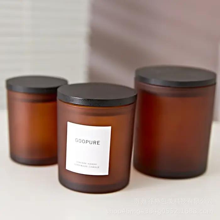 Bougeoir en verre brun foncé conviviale ré, pot de bougie de soja avec couvercle en bois pour la décoration intérieure, accessoire de bougie pour améliorer l'atmosphère et l'éclairage de votre maison