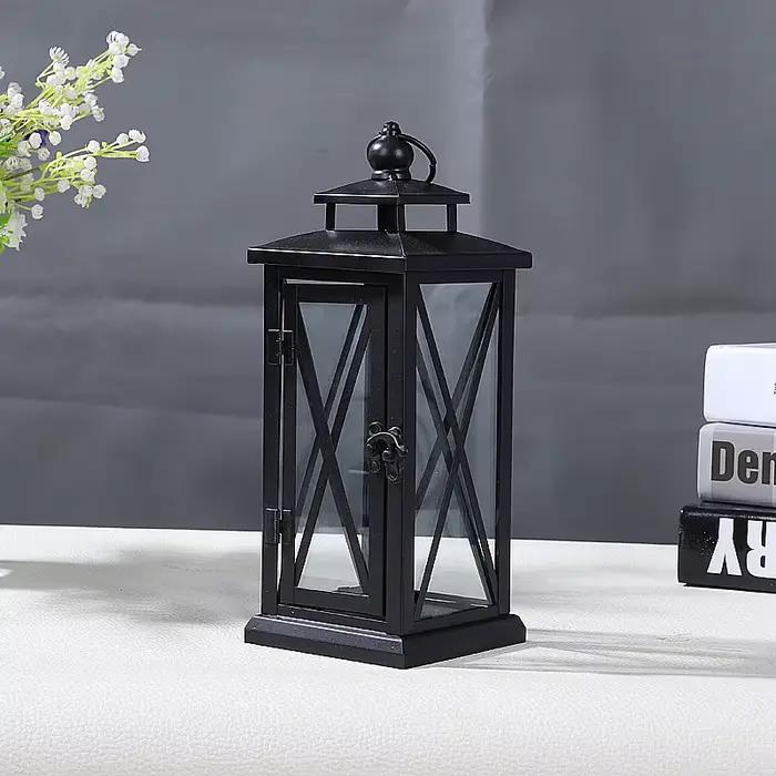 Bougeoirs en verre de lanterne coupe-vent, grands bougeoirs en métal, design moderne de mariage noir