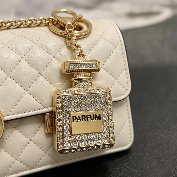  Porte-clés en forme de flacon de parfum de style coréen - Métal doré avec diamants roses, dorés et blancs - Pour clés et sacs, accessoire cadeau idéal